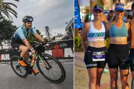 Left picture of Rachele Sanderson competing in the 2023 Ironman Australia. Picture by Ironman Australia. Right picture of Rachele Sanderson, Melinda Cockshutt and Melinda's son James. Picture by Rob Lloyd of Sportive Media
