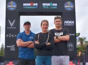 (L-R) Ironman Australia regional director Carl Smith with professional Triathletes Radka Kahlefeldt and Mike Phillips. Picture by Mardi Borg