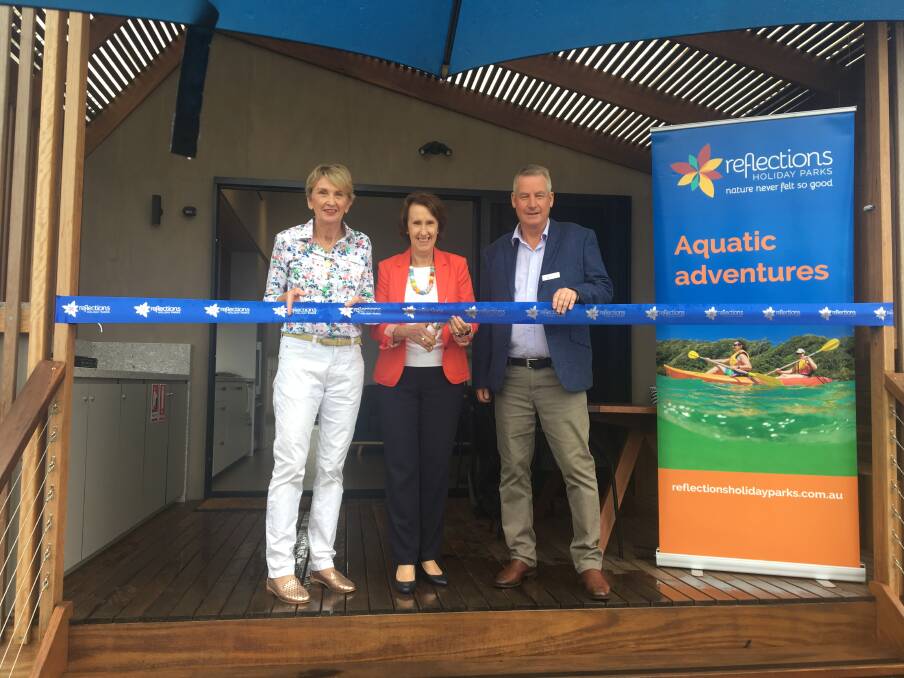 OPEN: Reflections Holiday Parks chair Wendy Machin, Port Macquarie MP Leslie Williams and Reflections Holiday Parks CEO Steve Edmonds.
