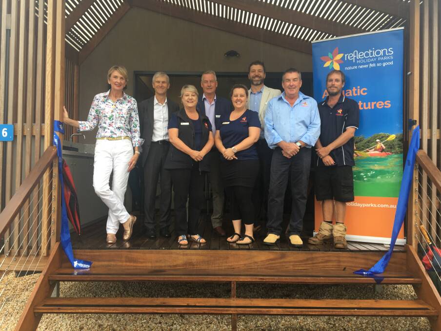 GOOD DAY: Reflections Chair Wendy Machin, Crown Lands Commissioner Professor Richard Bush, Reflections CEO Steve Edmonds, Reflections Executive Manager Capital Works Jack Plimmer with park managers Peggy Kelly, Pip Neal and Jack Kelly.