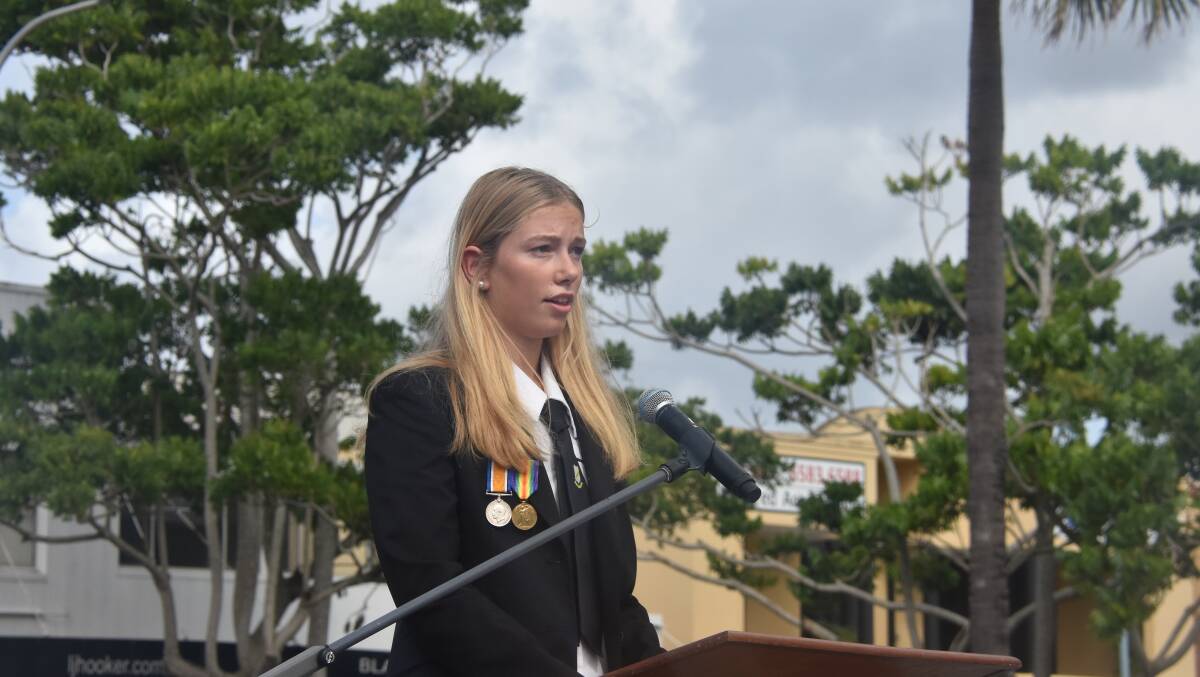  MacKillop College student Maeve Kinchington reflected on the 'spirit of mateship' during Port Macqaurie's Anzac Day main service on Tuesday, April 25. Picture by Mardi Borg