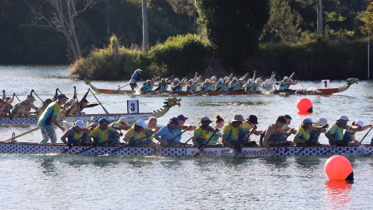 The finish line at one of the races held at the 2023 regatta hosted by Flamin Dragons Port Macquarie at Wauchopes Rocks Ferry location. Picture supplied