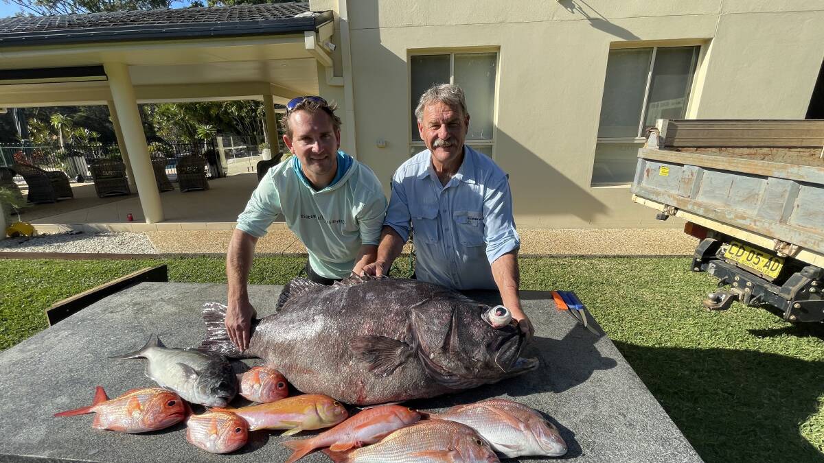 Brendon and Ashley Roods, father and son from Port Macquarie with a huge bass groper and tasty reef fish