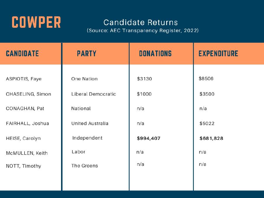 The returns of Cowper candidates not backed by a party. Source AEC. Picture by Sue Stephenson