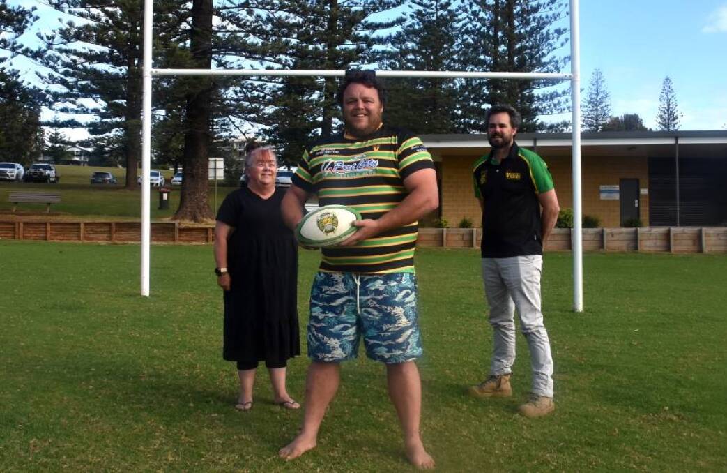 Hastings Valley Vikings' player David Tunstead (middle) will make club history on Saturday when he plays his 250th game. David Tunstead's mum Sue (left) and club president David Barnes (right) will be there to witness his milestone. Picture by Mardi Borg 