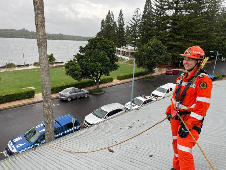 Katie Blake at a job on the Port Macquarie NSW Police roof. Picture supplied. 