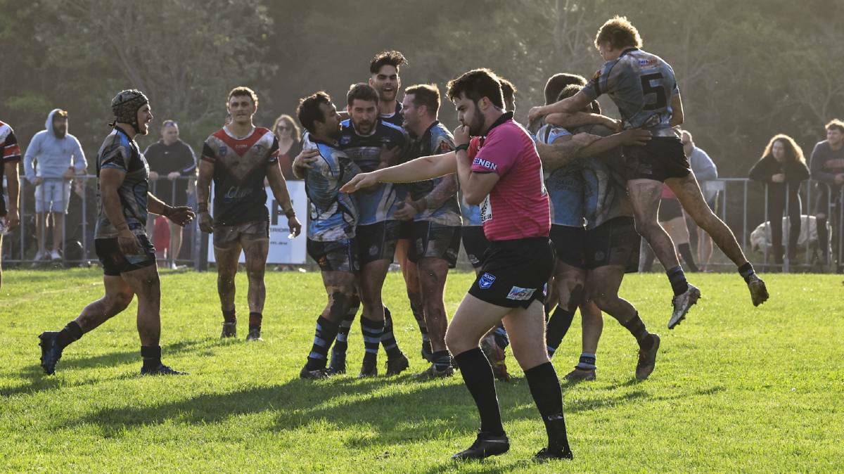 Port City Breakers celebrate a second-half try during their 2022 Group 3 rugby league premiership win at Old Bar. Picture by Kurt Polock/Lighthouse Sports Photography