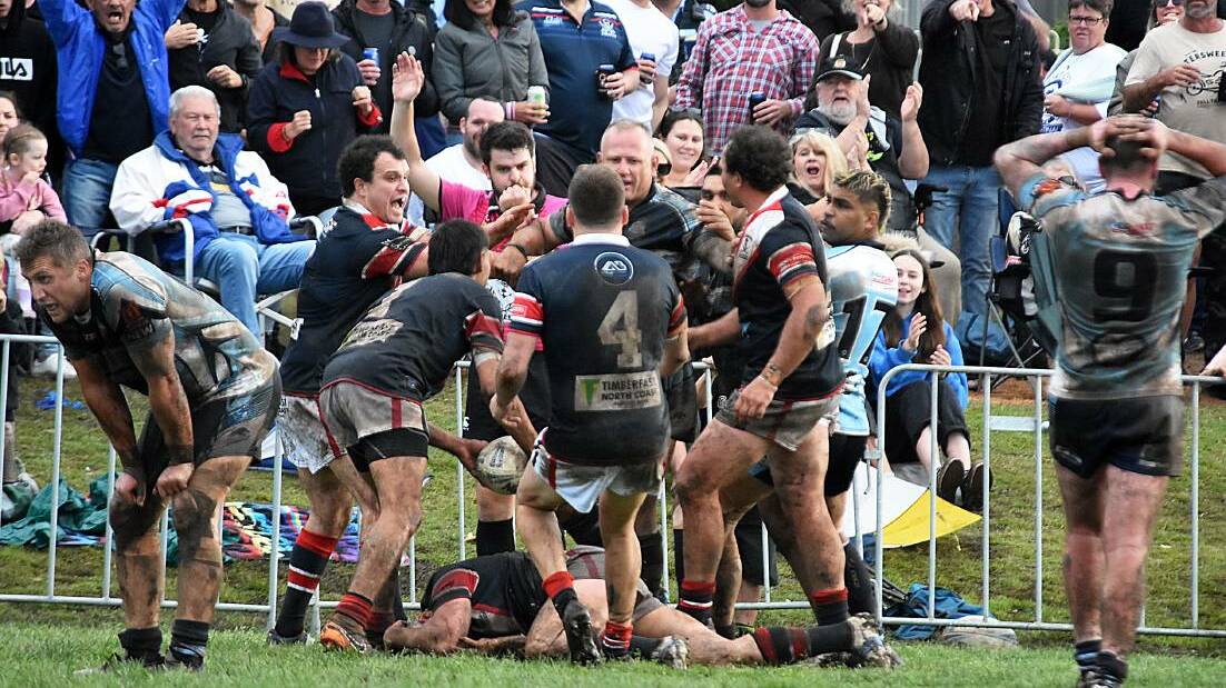 Old Bar Pirates celebrate a try during the 2022 Group 3 rugby league grand final. Picture by Scott Calvin