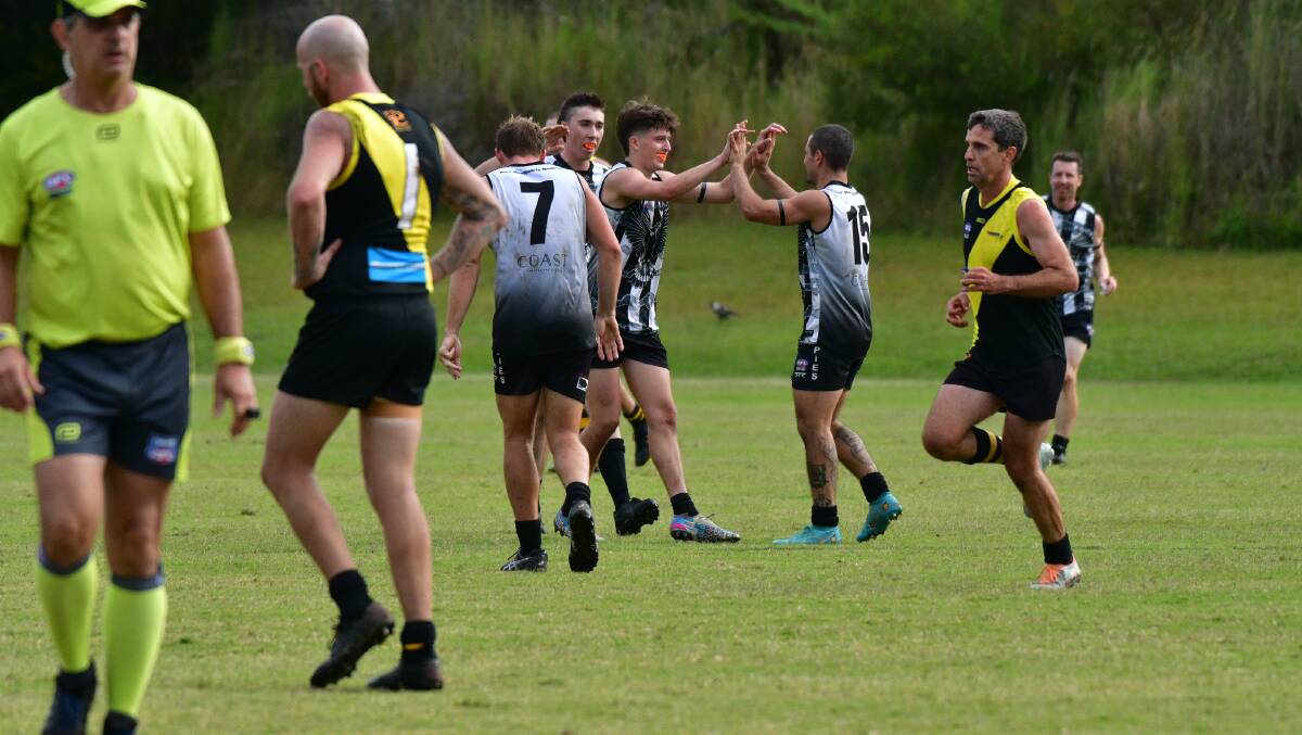 Port Macquarie Magpies celebrate a goal during their 80-point victory over Grafton. Picture by Paul Jobber