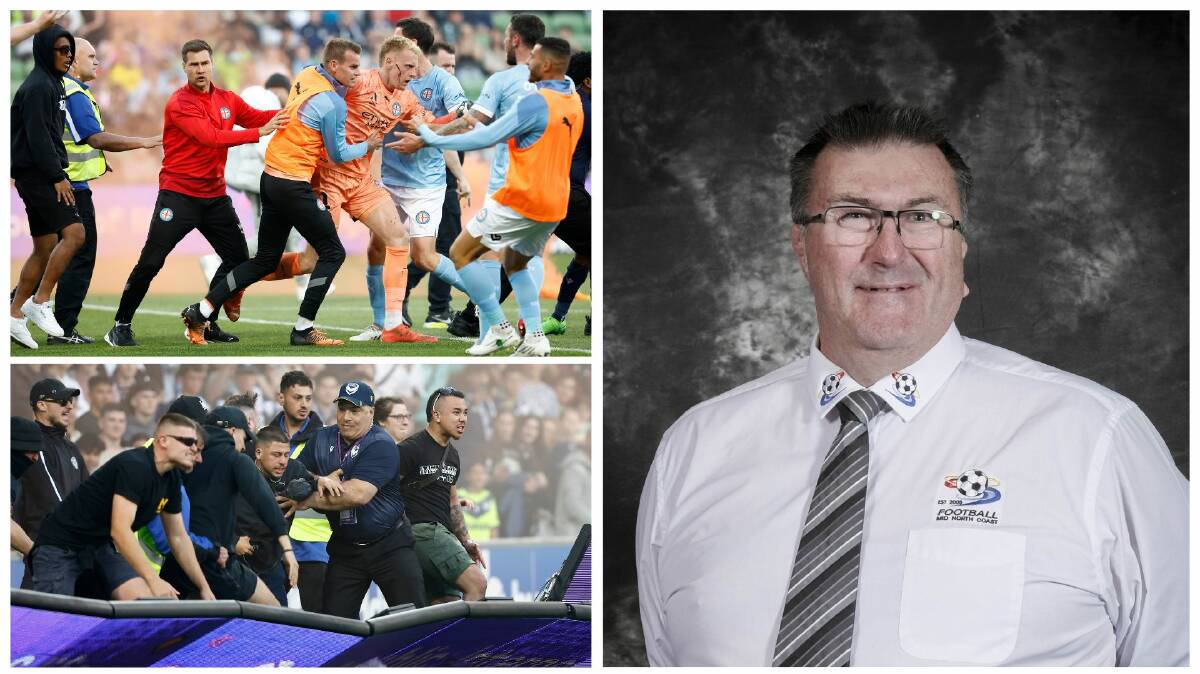 clockwise from top left; Melbourne City goalkeeper Tom Glover is helped from the field, Football Mid North Coast chairman Lance Fletcher, fans enter the playing arena at AAMI Park. Pictures by Getty Images