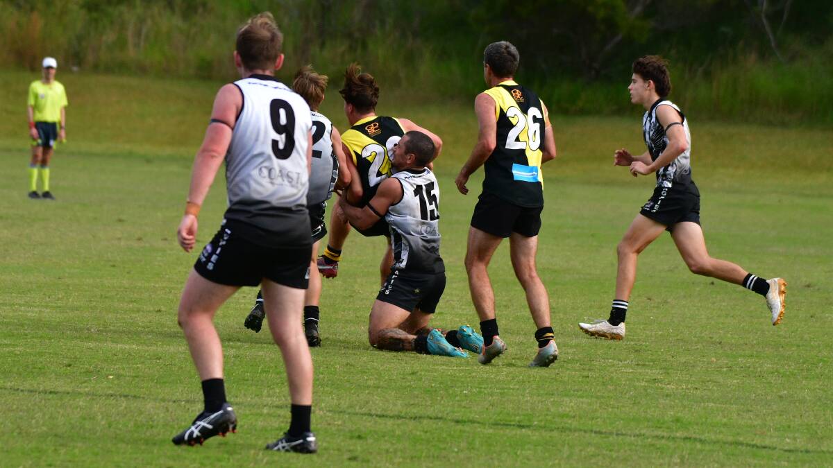 Braden Saggers makes a tackle during his final game with Port Macquarie Magpies. Picture by Paul Jobber