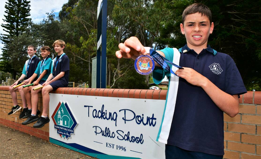Tacking Point Public School 4x100-metre relay team of Elias Cambourne, Jake Riches, Ollie Zevone and Ben Oakeshott won bronze at the PSSA state athletics. Picture by Paul Jobber