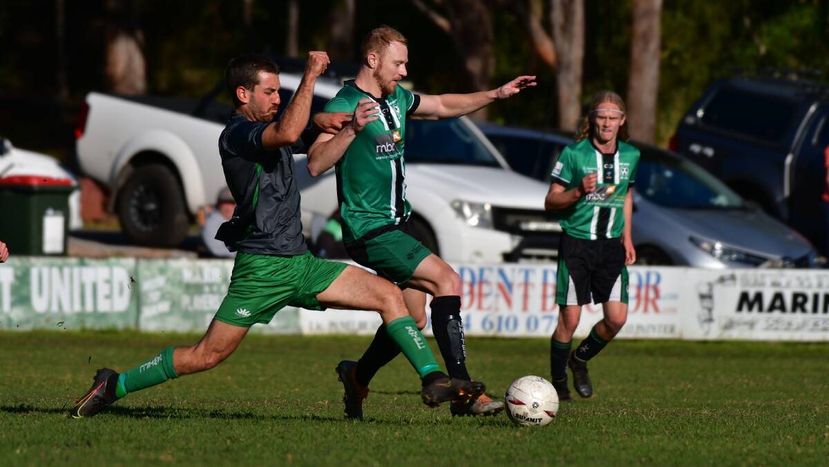 Josh Casey (right) scored Port United's first-half goal, but it wasn't enough in a 2-1 loss to Sawtell. Photo: supplied