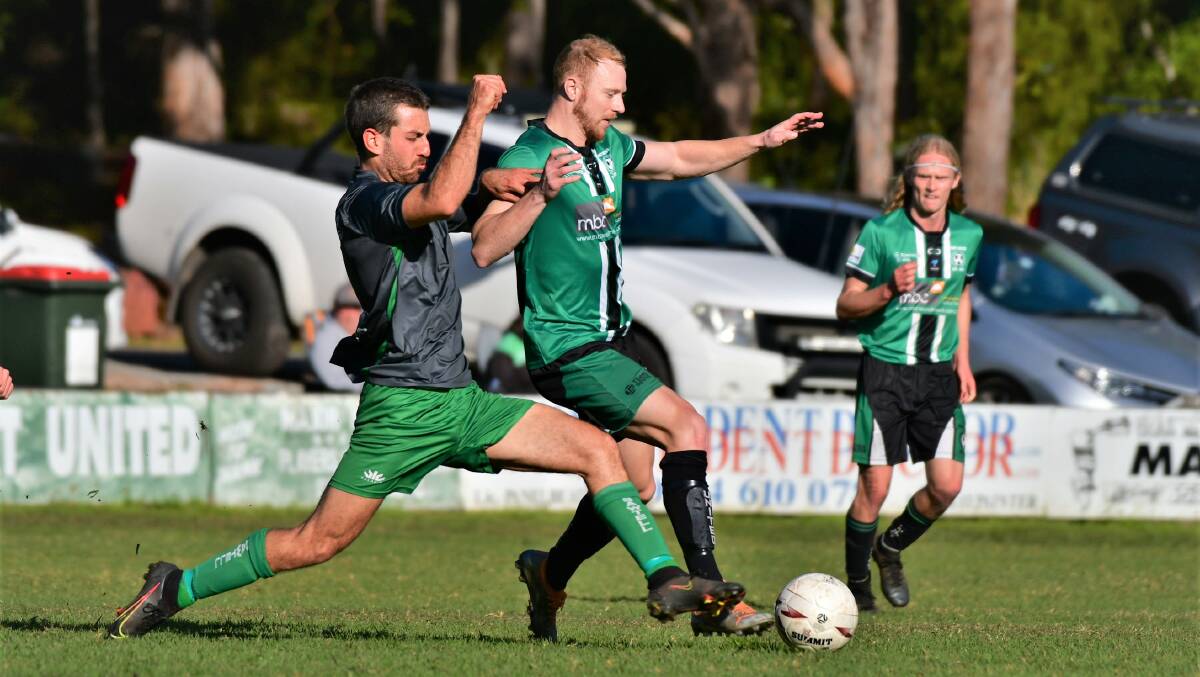 Port United's Josh Casey battles for possession in the now-defunct Coastal Premier League. Picture by Paul Jobber