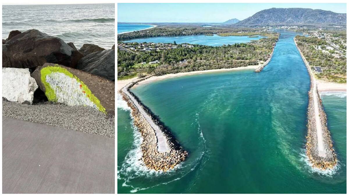 Beach to Beach Riverwalk Committee member Peter Laing has captured the end and beginning of the pathway (right). The Dunbogan breakwall upgrade has been completed. The committee is asking people not to paint the breakwall rocks (left). 