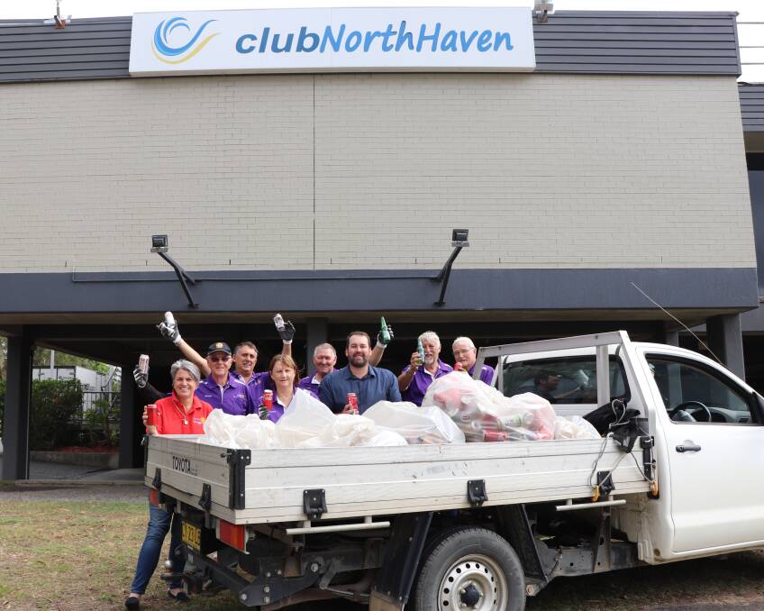 
Port West Rotary president Meredith Evans, Michael Austin, Caroline Hall, Club North Haven general manager Tim Harris, John Saunders, Alan Anderson.
(back row) Laurieton Rotary president Nigel Urwin and Brett Hall. The recycling program has gone from strength to strength. Picture: supplied. 