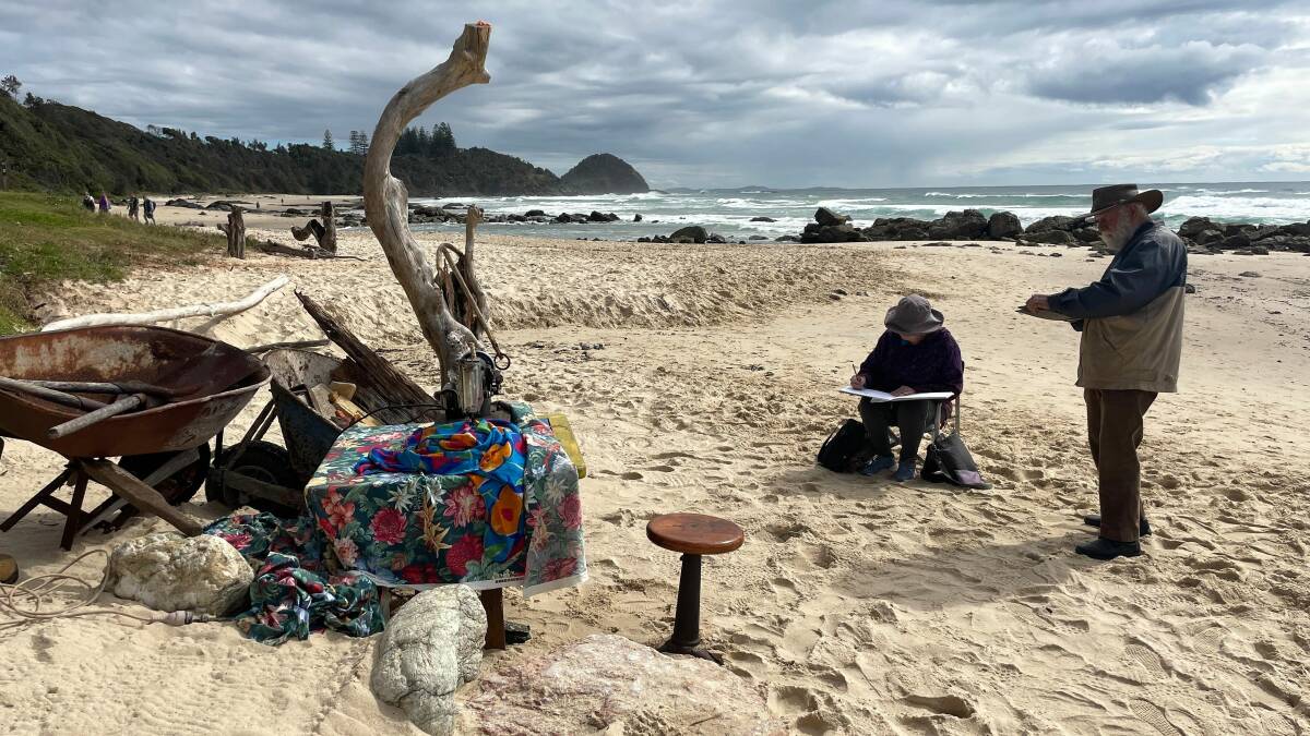 Gayle Rovere and Henry Field are Port Macquarie Art and Craft Centre members. They were sketching at Shelly Beach on October 3. Picture by Liz Langdale 