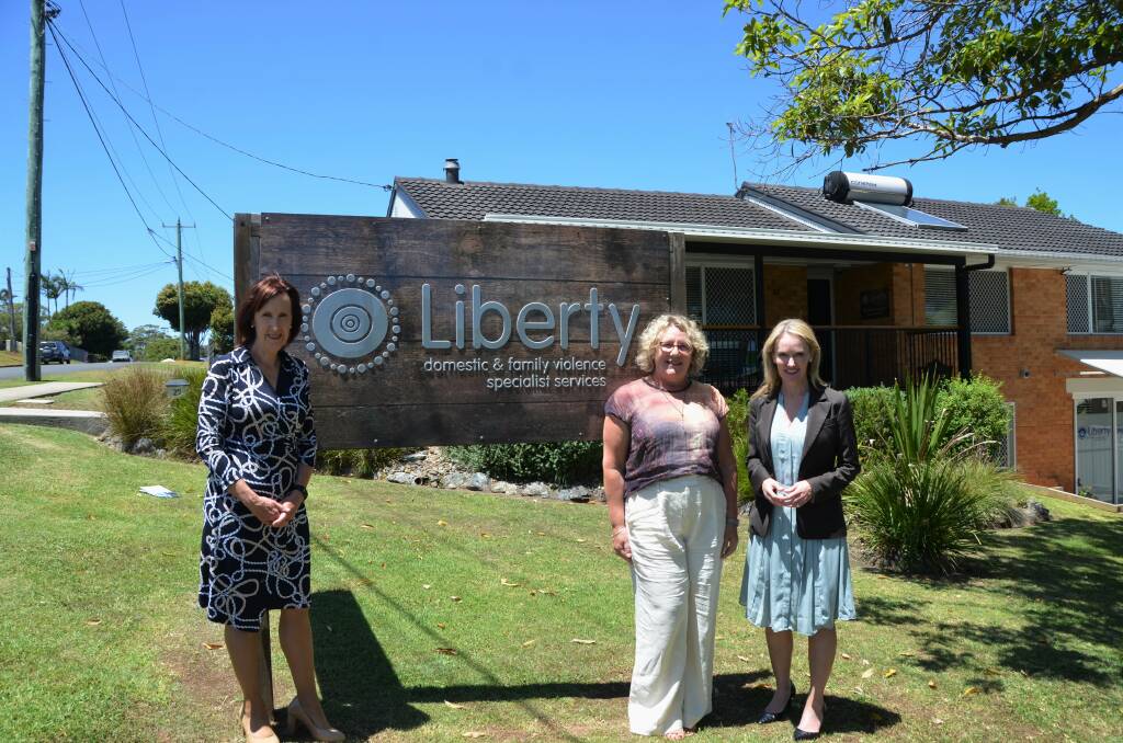 Port Macquarie MP Leslie Williams, Liberty CEO Kelly Lamb and Minister for Women's Safety and the Prevention of Domestic Family and Sexual Violence Natalie Ward. Picture by Ruby Pascoe