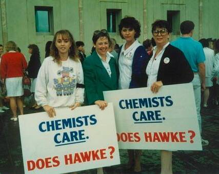 Judy Plunkett (second from left) protesting in Canberra in the late 1980s about a plan to revamp pharmacy. Picture supplied