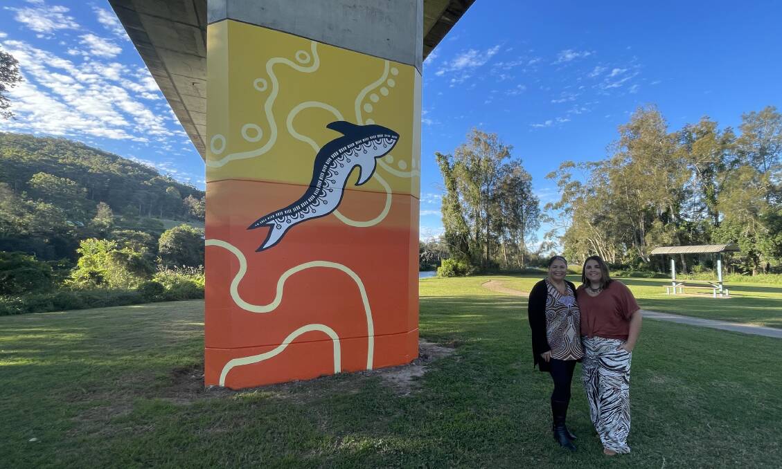 Aboriginal artists Angela Marr and Mel Streater collaborated to create the murals on the Wilson River bridge pylons at Telegraph Point. Picture by Lisa Tisdell