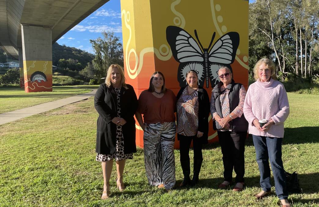 Mayor Peta Pinson, artists Mel Streater and Angela Marr, and Telegraph Point Community Association representatives Sue Pike and Robyn Mani at the launch of the murals. Picture by Lisa Tisdell