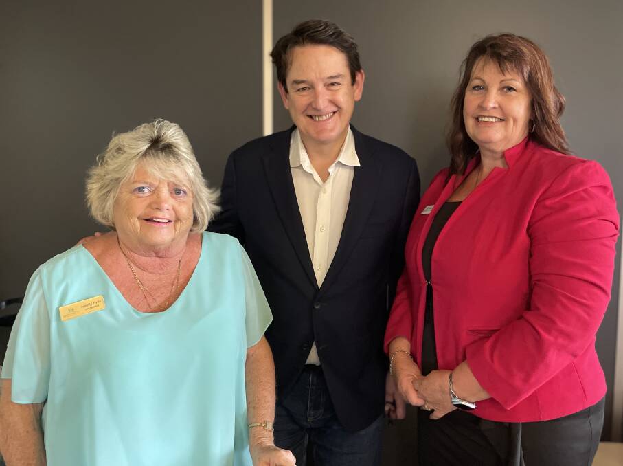 Greater Port Macquarie Tourism Association president Janette Hyde, social entrepreneur, broadcaster and campaigner Jon Dee and Port Macquarie Chamber of Commerce president Alex Glen-Holmes ahead of the boardroom lunch.
